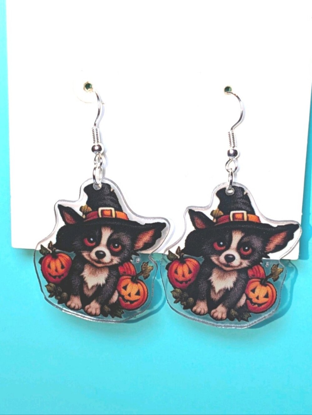 Hand Crafted Black Chihuahua Witch Earrings with Orange Pumpkins